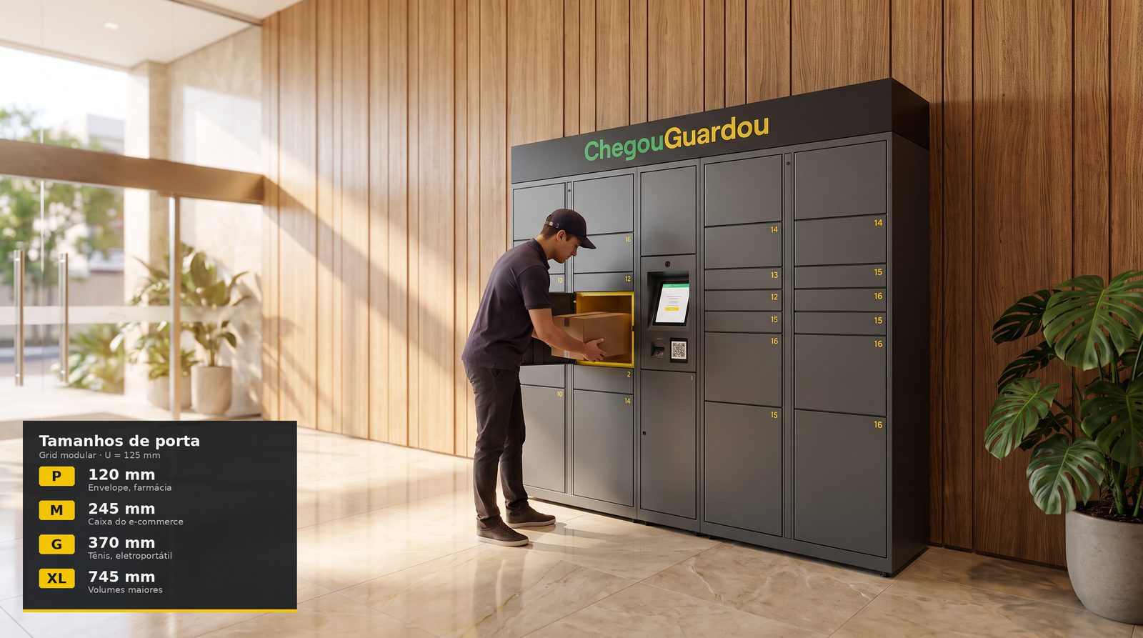 Armário inteligente ChegouGuardou, verde e amarelo, instalado no hall de um condomínio de alto padrão, com entregador uniformizado depositando uma encomenda no compartimento aberto
